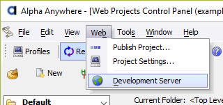 Opening the Server Settings for the Development Server.